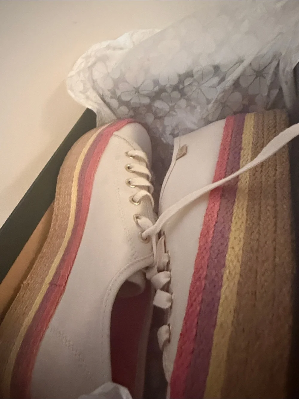 kate spade cream canvas platform sneakers with pink and gold accents